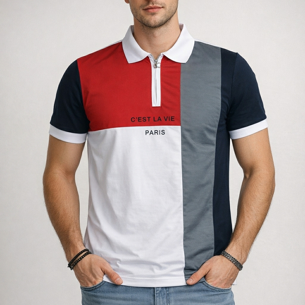 Men's Colorblock Polo - Red, White & Gray
